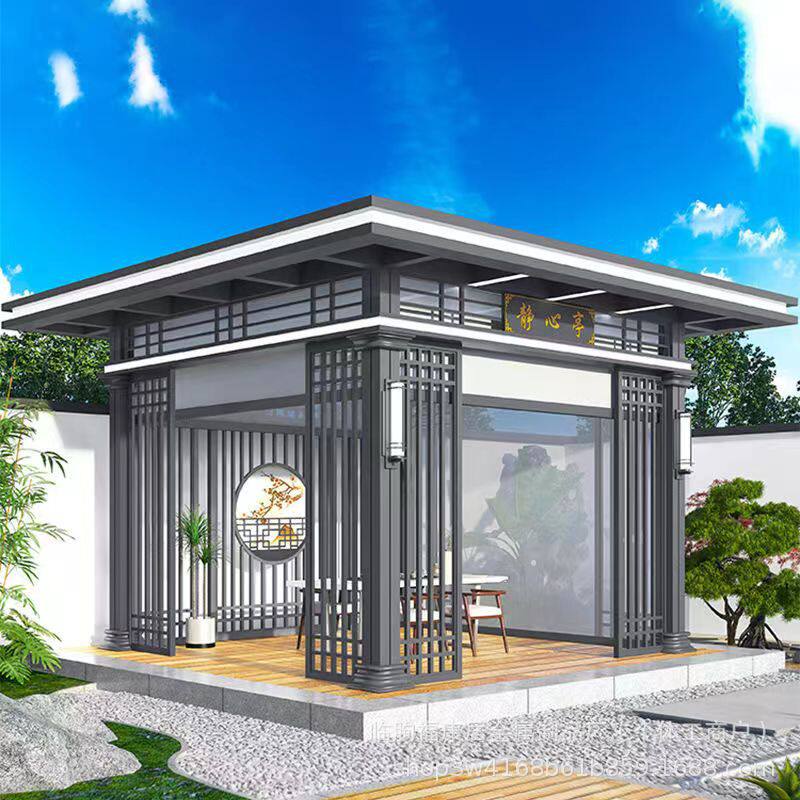 现代新中式铝艺凉亭庭院休闲遮阳棚四角凉亭别墅花园铝合金凉亭