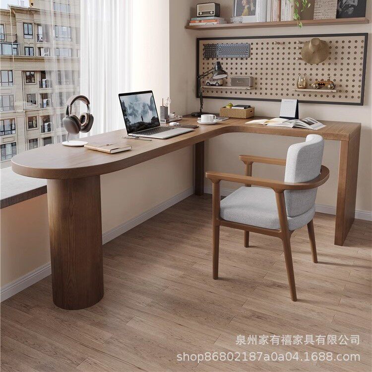 实木转角书桌书架一体l型电脑桌家用儿童靠窗双人拐角学习办公桌