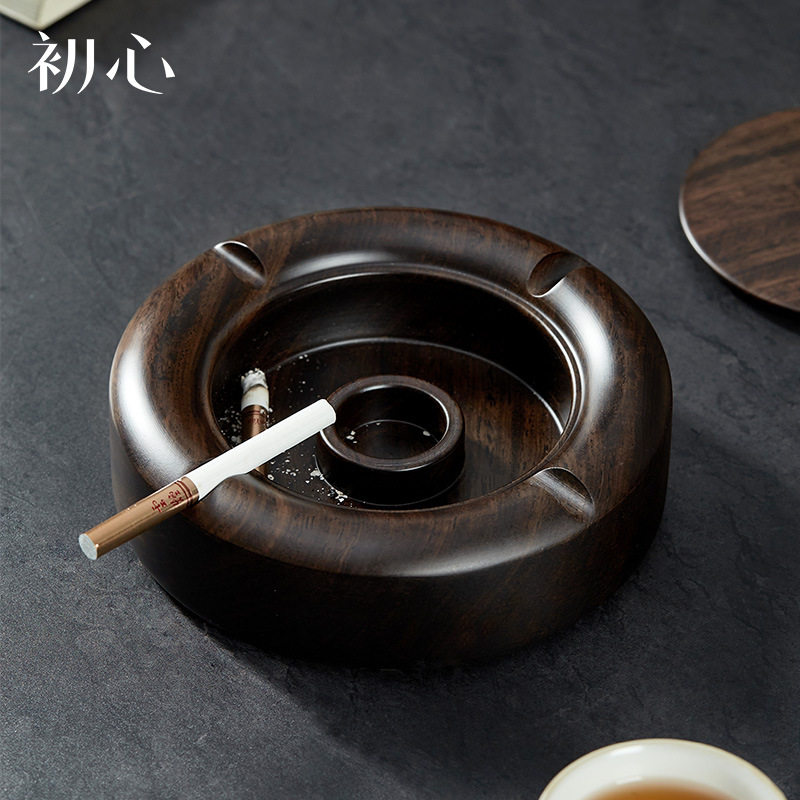 初心欧式时尚竹底座水晶烟灰缸办公室欧式大号玻璃烟缸木酒吧