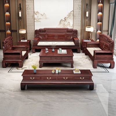 中式古典酸枝木全实木沙发组合仿古客厅冬夏两用卡座雕花木质家具