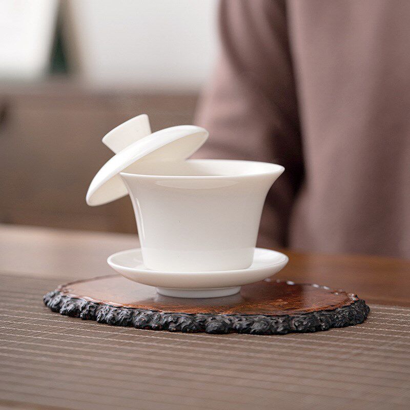 班意 羊脂玉三才盖碗功夫茶具陶瓷岩茶泡茶碗白瓷手抓碗三才碗