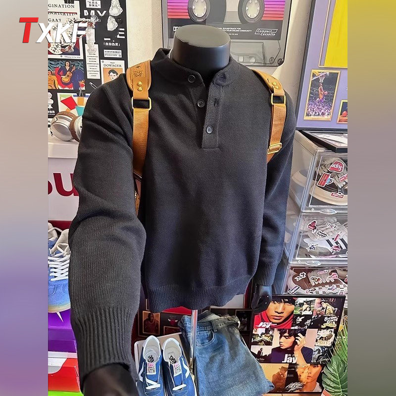 潮牌亨利领黑色毛衣男士2025新款秋冬季高级感针织内搭打底衫男款