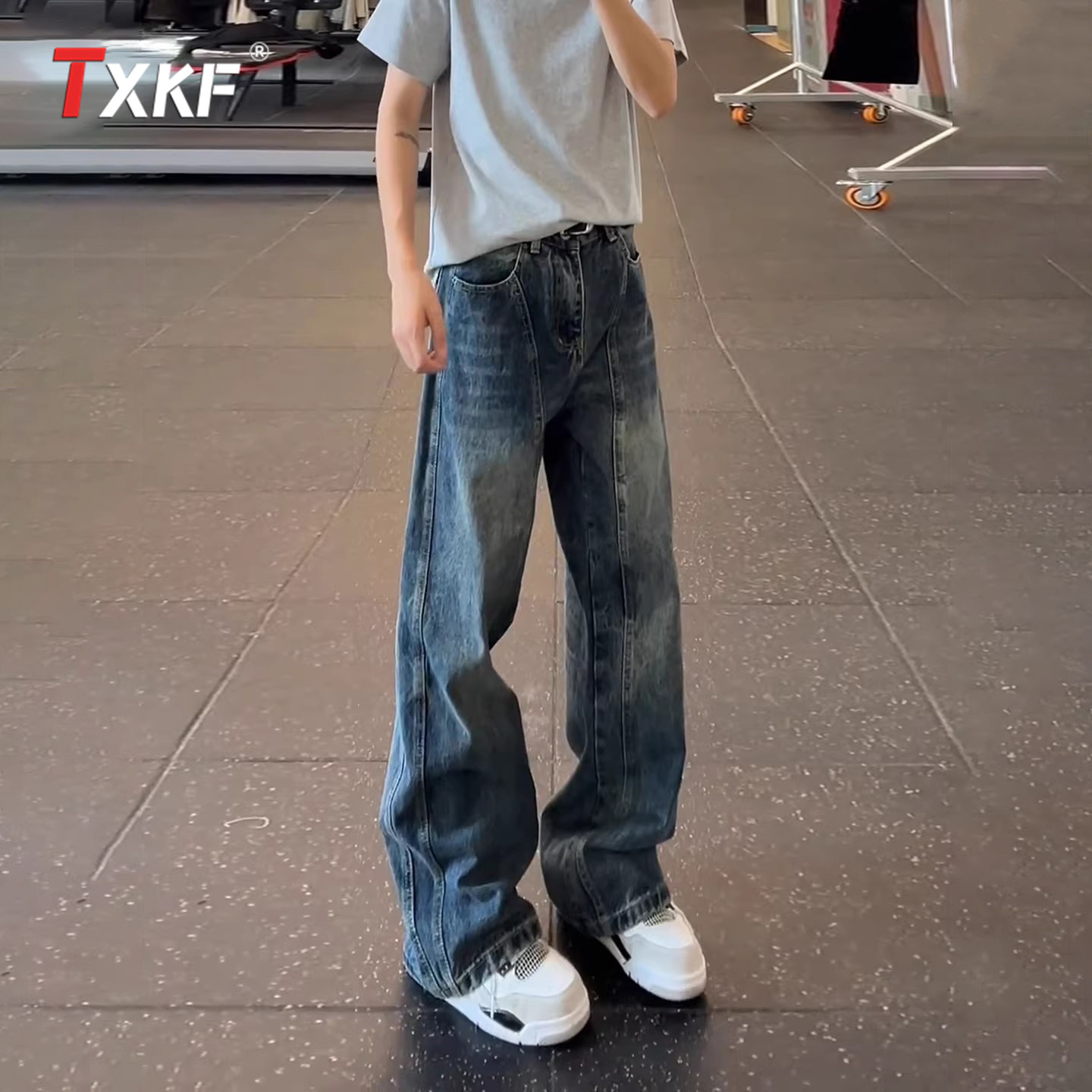 美式微喇牛仔裤男士2026新款春季直筒男裤设计感拼接弯刀裤子男款
