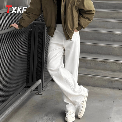 潮牌白色弯刀牛仔裤男士2025新款秋冬季加绒男裤直筒休闲裤子男款