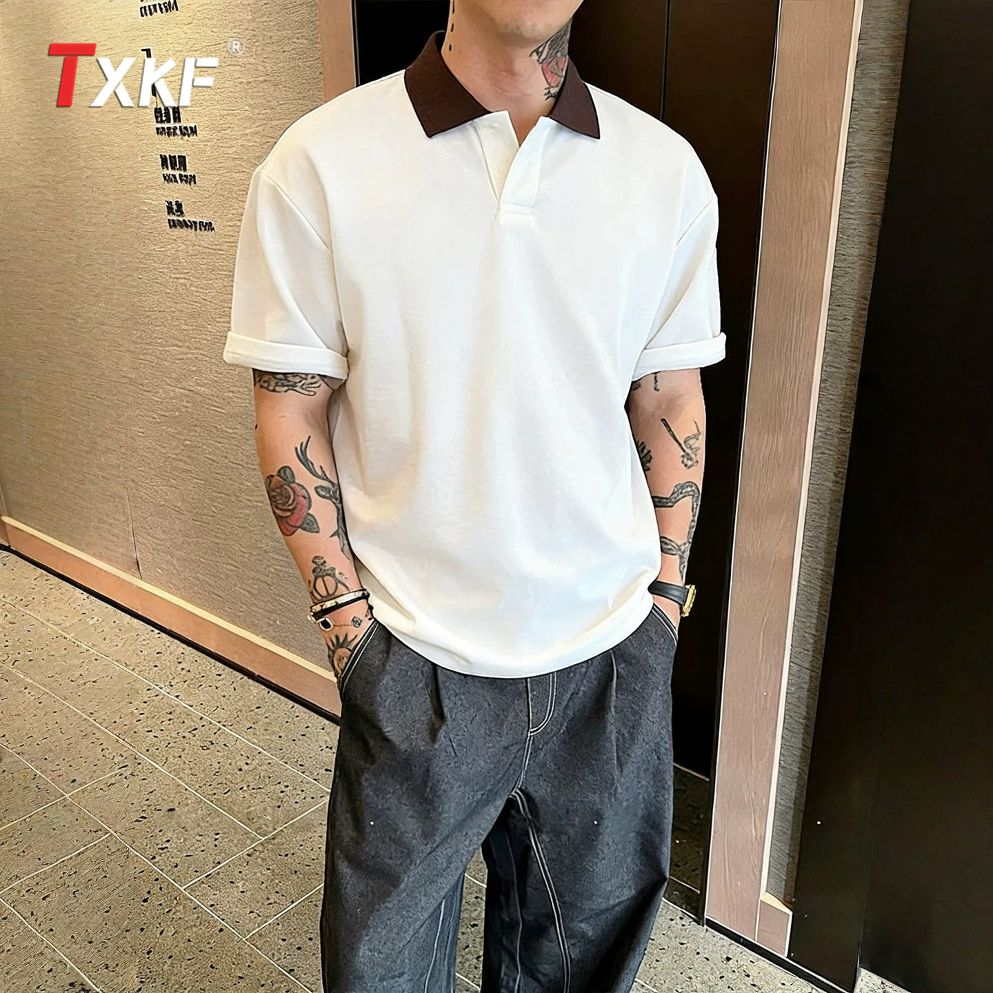 老钱风V领短袖polo衫男士2026新款夏季撞色翻领针织五分袖T恤男款