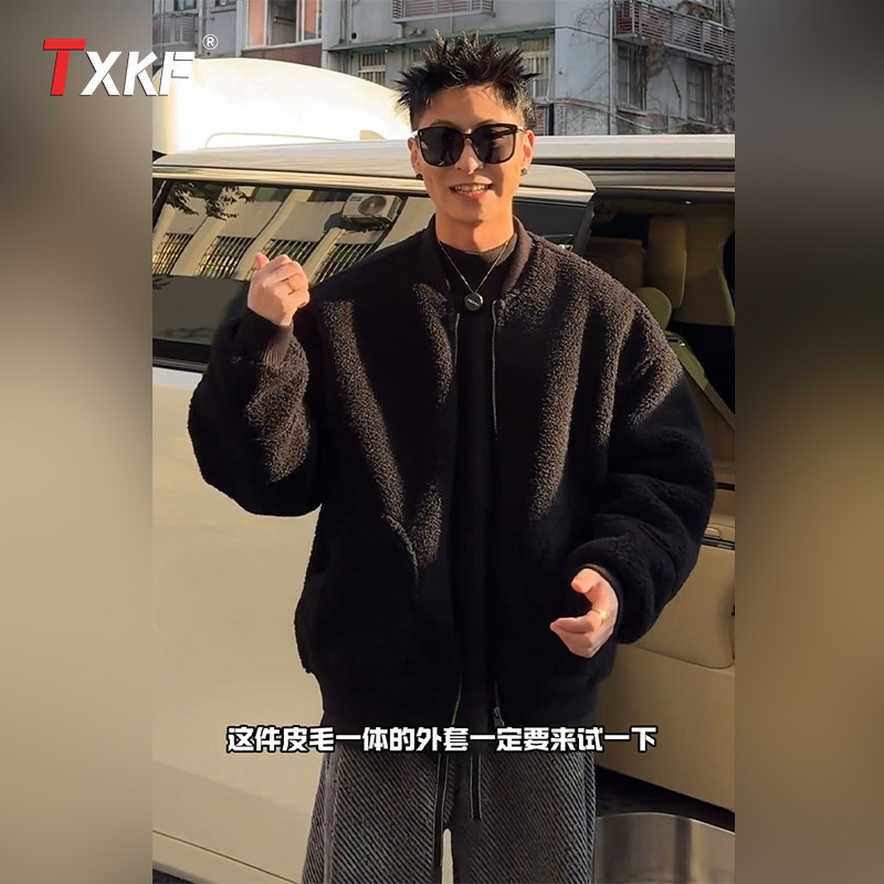 潮牌羊羔绒男外套男士2025新款秋冬季皮毛一体棒球领夹克棉服男款