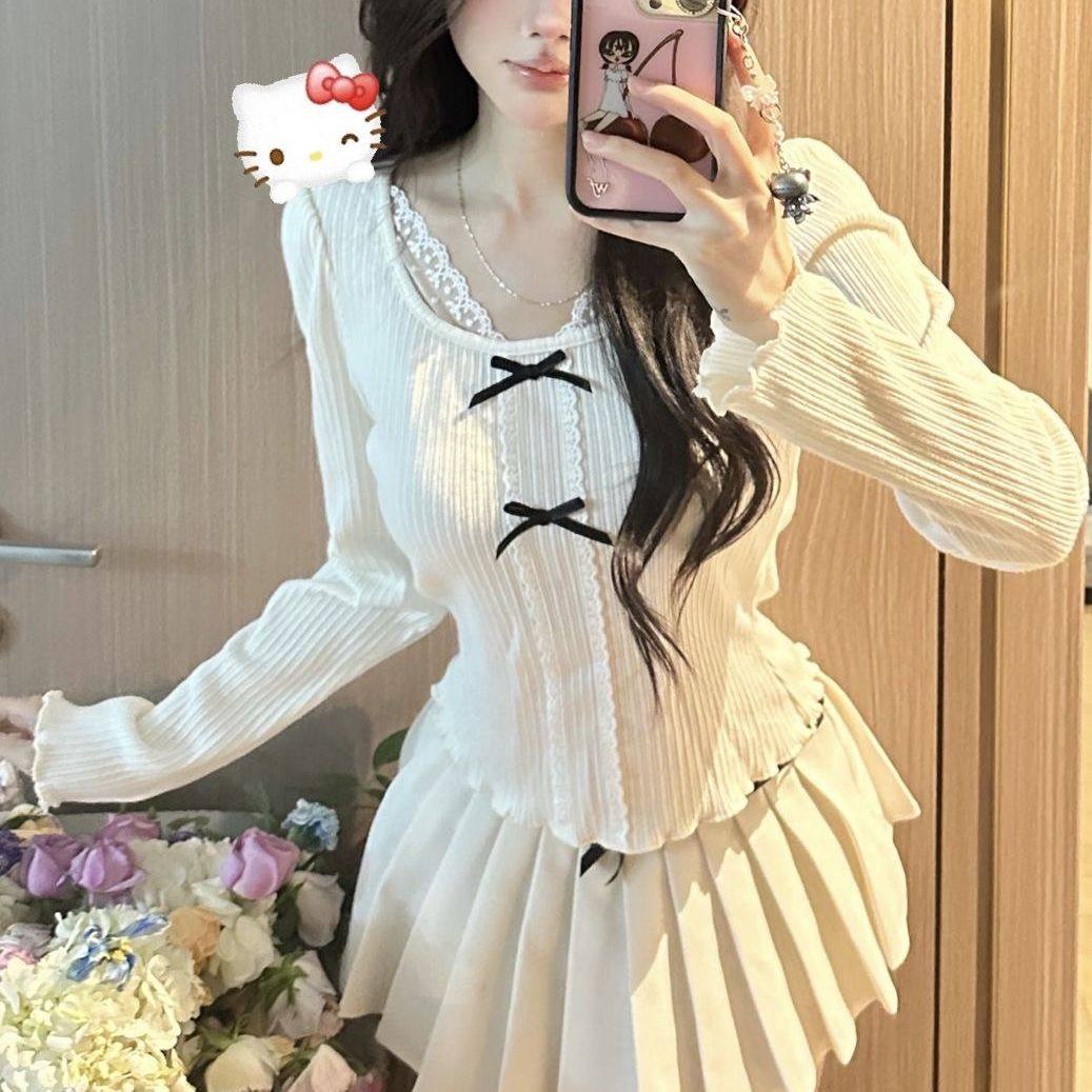 法式纯欲风设计感蝴蝶结蕾丝花边德绒面料打底衫女内搭长袖T恤