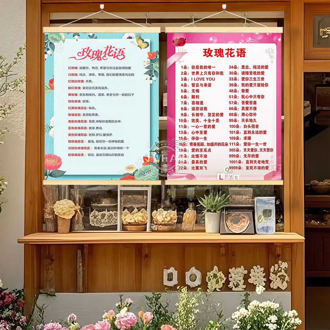 鲜花店玫瑰花语挂画温馨背景治愈系标语花店墙上实木挂轴画装饰画