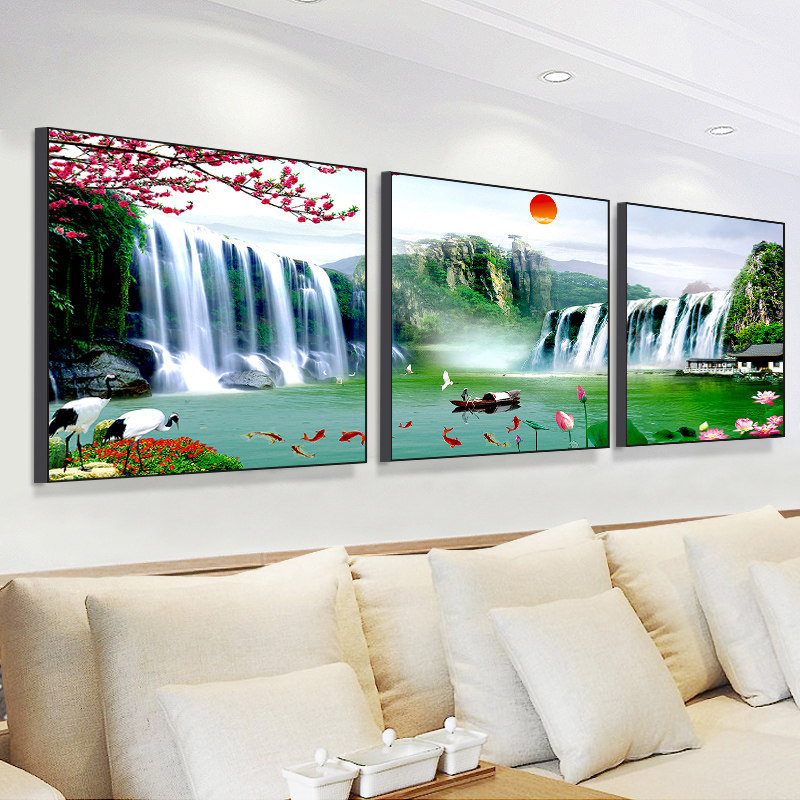 客厅装饰画三联沙发背景墙壁挂画高档晶瓷水晶流水生财山水风景画