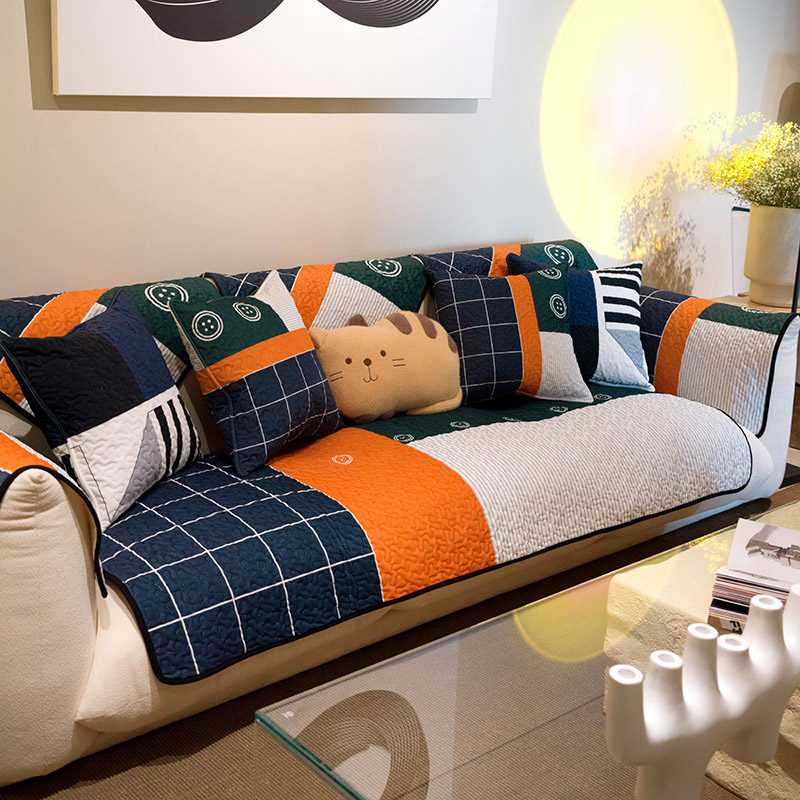 简约现代几何格子沙发垫轻奢毛绒秋冬坐垫客厅防滑加厚沙发巾套罩