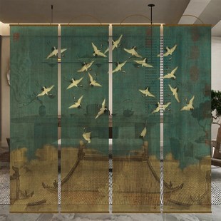 半透明瑞鹤图双面透景屏风纱中式卷帘隔断帘挂帘窗帘透光纱帘