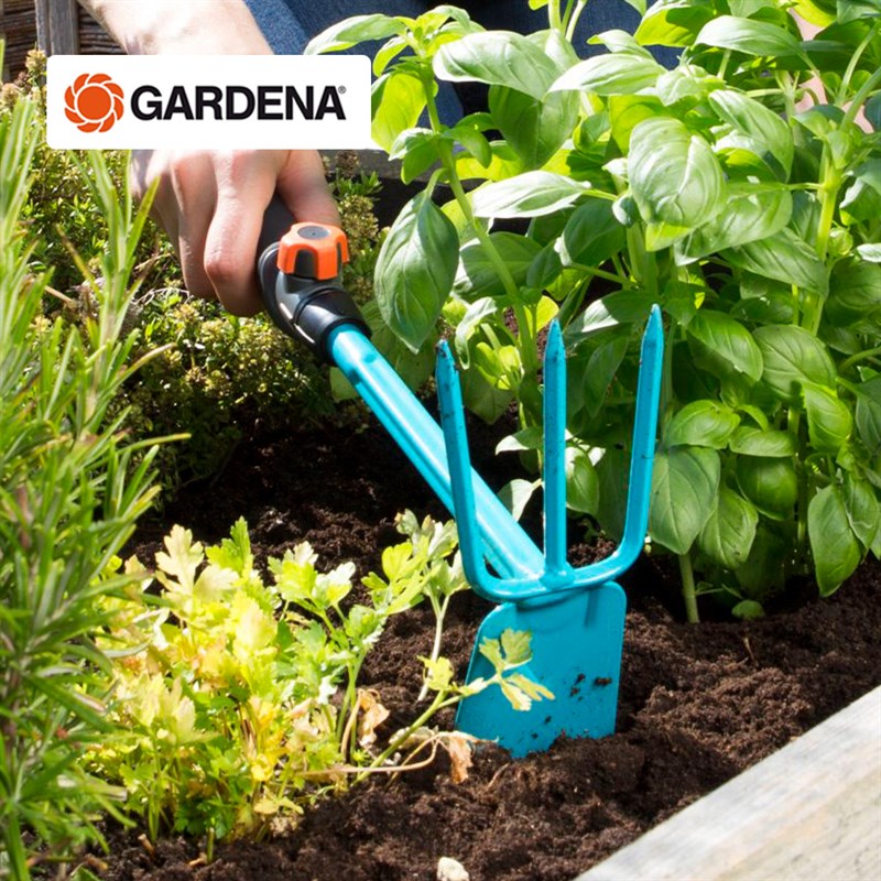 德国进口嘉丁拿GARDENA 家用种菜挖土工具 两用园艺三齿耙小锄头