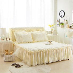 韩版 蕾丝公主风床裙夹棉床罩三件套床上防尘罩婚庆粉红色2.0米1.8