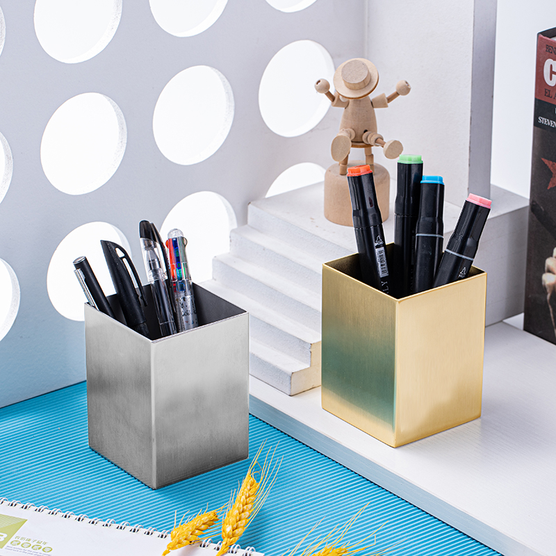 304不锈钢方形笔筒加厚1MM桌面文具眉笔收纳盒罐办公室笔桶扩香器