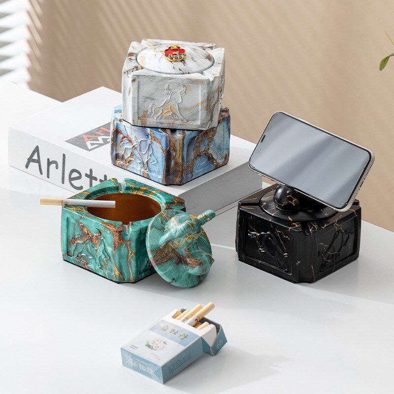 高级感中式高端大气上档次家用客厅带盖防飞灰烟灰缸办公家摆件