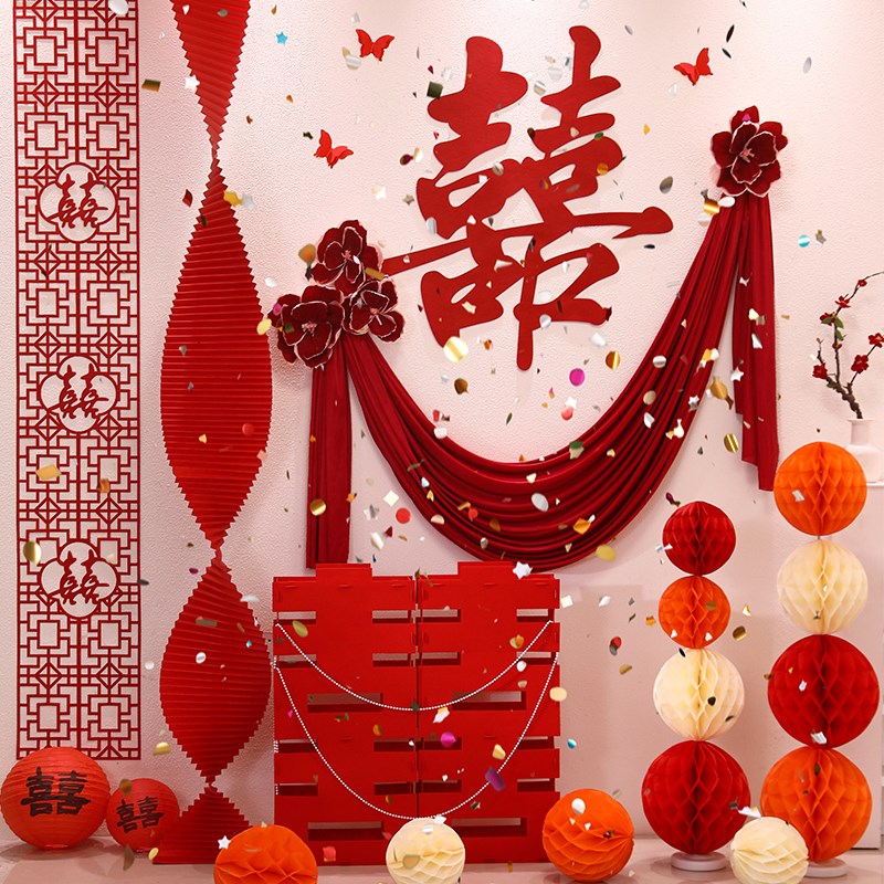 晨袍拍照背景布置结婚婚房装饰男方出阁女方新房客厅卧室婚庆用品