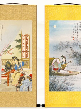 花木兰理妆图 琵琶行 仕女人物卷轴挂画 书房绢布丝绸装饰画定制
