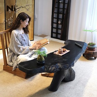 尼家侘寂风实木茶桌黑色炭化榻榻米茶几复古风民宿茶室矮桌子