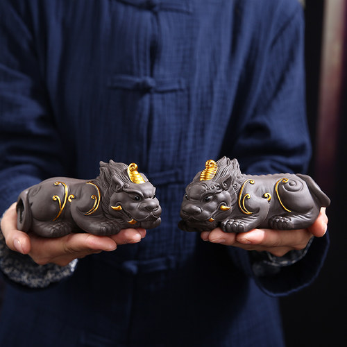 紫砂茶宠摆件精品可养招财貔貅一对茶盘茶具茶道配件手工个性装饰