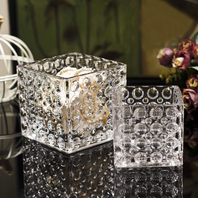 无铅水晶玻璃瓶 圆点透明玻璃花瓶 水培植物玻璃方缸花器摆件