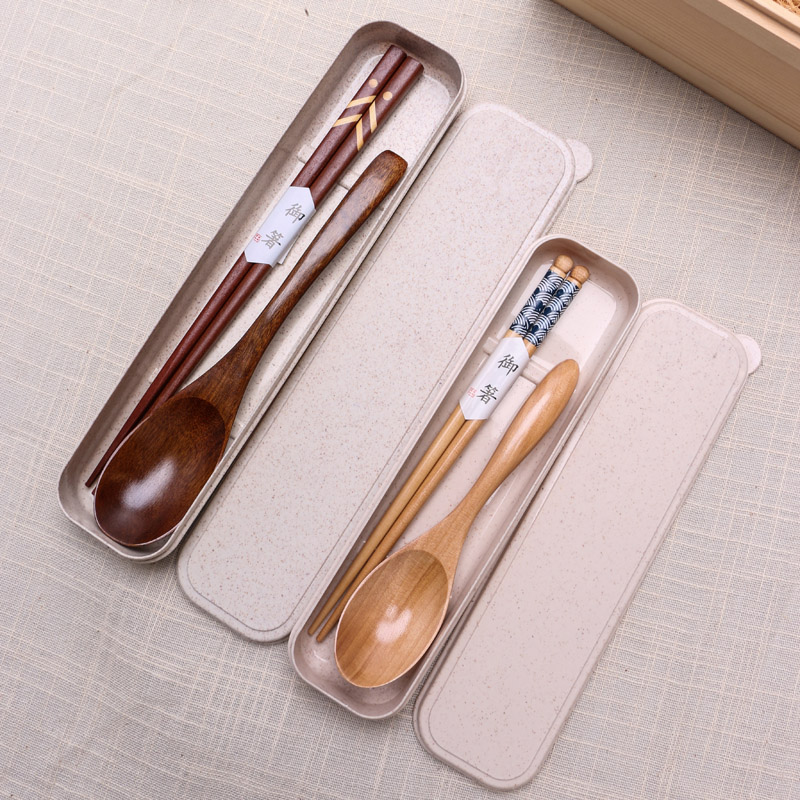 日式儿童便携式木筷子单人装筷盒餐具套装外出携带上班学生筷子盒