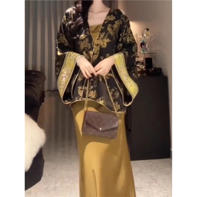 新中式黑色开衫上衣吊带裙两件套