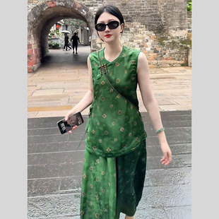 2025超火夏装一整套高级感清冷感禅意新中式国风上衣裤子两件套装