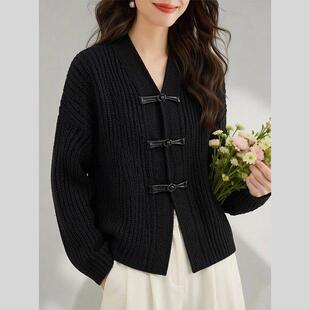 新中式国风黑色针织上衣女装2026新款春超好看唐装毛衣开衫外套