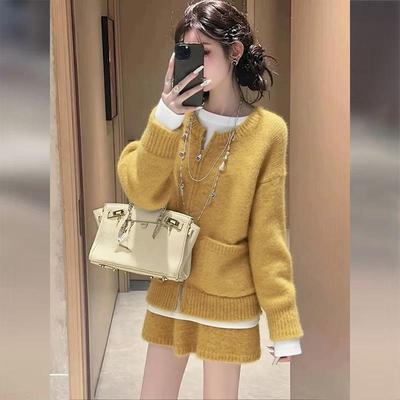 秋冬黄色毛衣开衫半身裙两件套