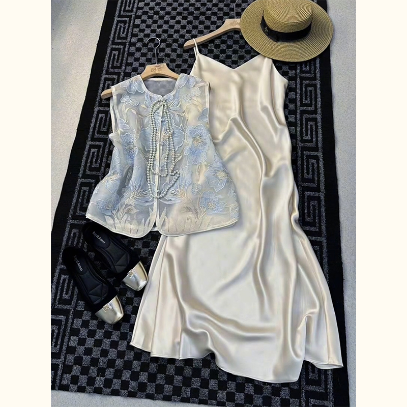 蓝色马甲吊带连衣裙两件套装夏季