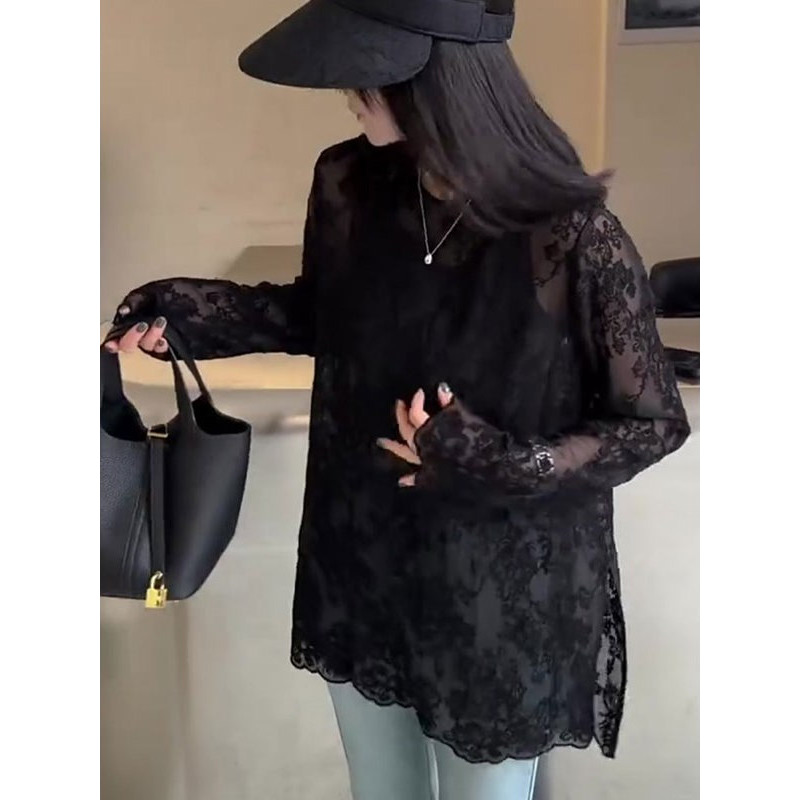法式成熟风黑色蕾丝钩花防晒衫女时尚显瘦微透下摆开叉长袖2025夏,女装/女士精品,大码内搭,淘宝优惠券,粉丝福利购,淘宝优惠卷