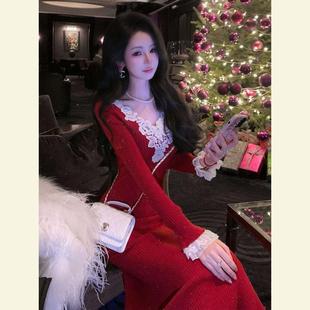 重要场合漂亮裙子高端精致高级感小香风红色圣诞针织内搭连衣裙冬