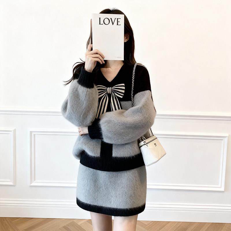 温柔风蝴蝶结套装女冬显瘦甜美针织两件套大码长袖条纹毛衣,女装/女士精品,大码套装,淘宝优惠券,粉丝福利购,淘宝优惠卷