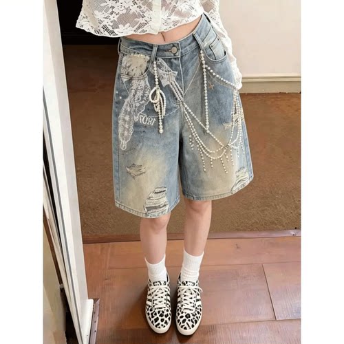 夏季复古破洞系带牛仔短裤女