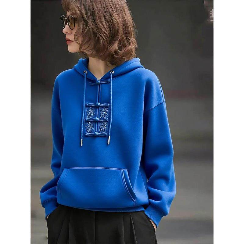 新中式国风设计连帽蓝色卫衣高级感气质复古盘扣上衣女2025年新款,女装/女士精品,大码内搭,淘宝优惠券,粉丝福利购,淘宝优惠卷