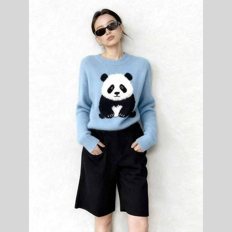 冬新款设计感卡通熊猫针织毛衣女蓝色长袖慵懒高级感内搭上衣2026,女装/女士精品,大码内搭,淘宝优惠券,粉丝福利购,淘宝优惠卷