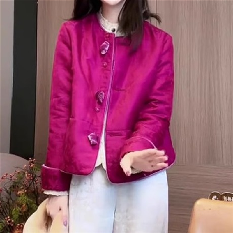 新中式国风玫红色提花圆领外套