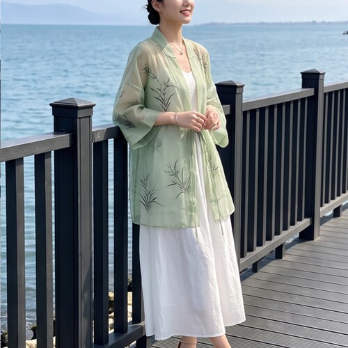 新中式绿印花显瘦防晒上衣夏