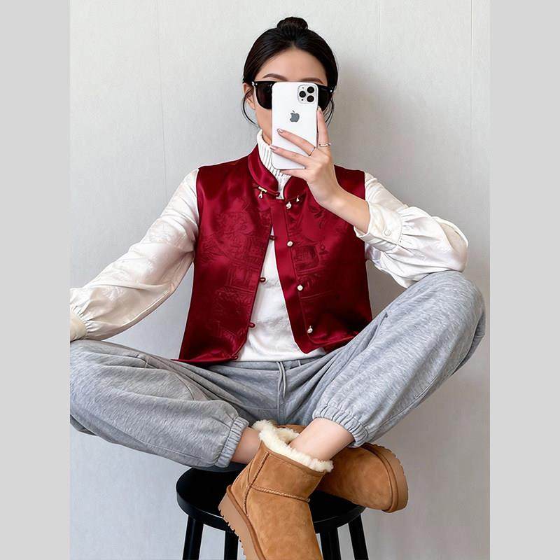 新中式轻国风高级感复古红色印花唐装马甲外套上衣女2026早春新款,女装/女士精品,大码内搭,淘宝优惠券,粉丝福利购,淘宝优惠卷