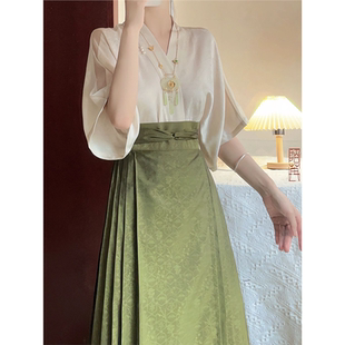新中式国风女装改良宋制汉服2025新款绿色马面裙小个子上衣套装夏