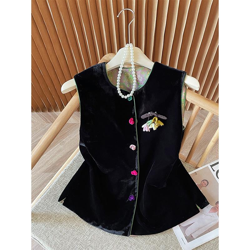 新中式国风圆领彩扣无袖上衣女