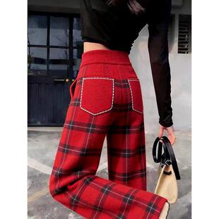 美式复古红格子阔腿裤女2026冬季新款时尚小众高腰宽松直筒长裤
