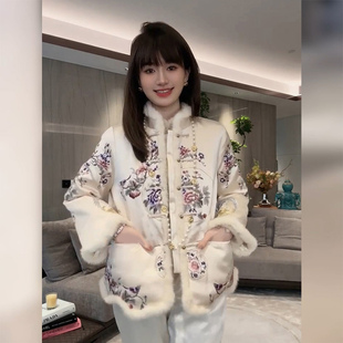 冬季 白色棉服外套女2025新款 加绒加厚盘扣刺绣棉袄 国风唐装 新中式