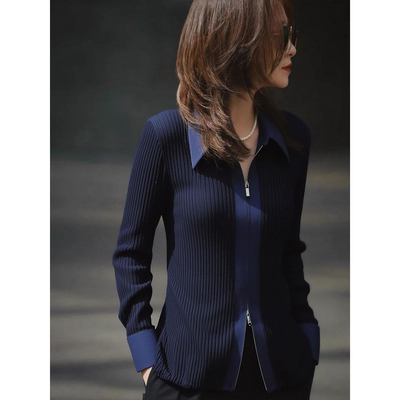 藏蓝色抗条针织开衫女2025