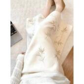 高腰显瘦气质裙白色2026新款 新中式 竹叶印花A字半身裙女长款