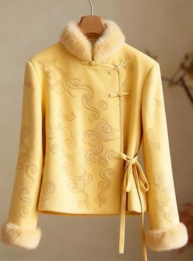新中式风毛领盘扣外套女2025新款新中式国风今年流行黄色上衣