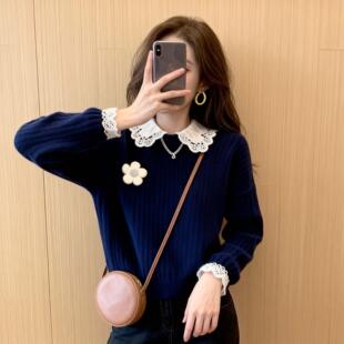 秋季 藏蓝色毛衣女慵懒高级感独特超好看减龄软糯气质套头针织上衣