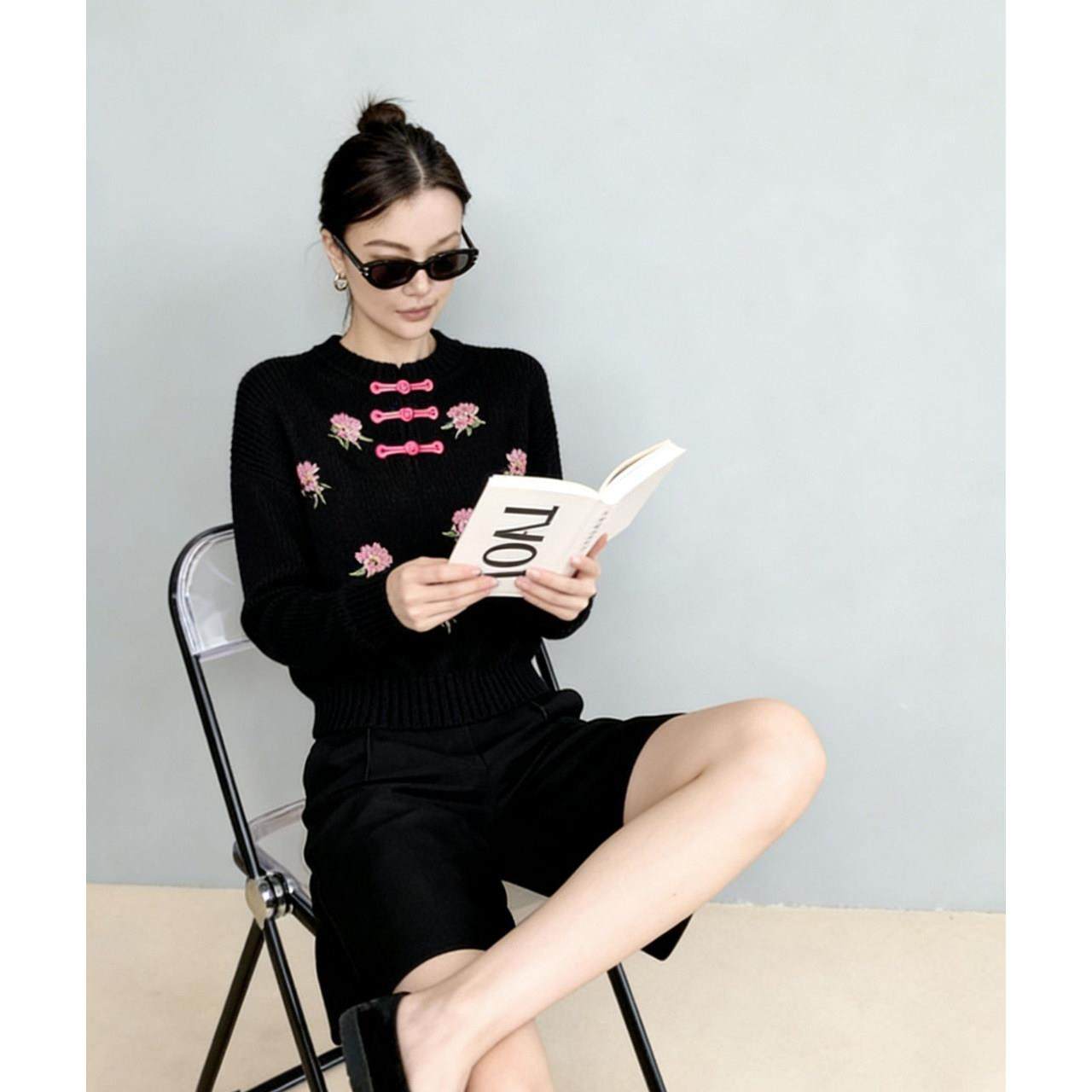 新中式国风重工套头毛衣女秋季慵懒复古花朵刺绣黑色针织打底上衣,女装/女士精品,大码内搭,淘宝优惠券,粉丝福利购,淘宝优惠卷