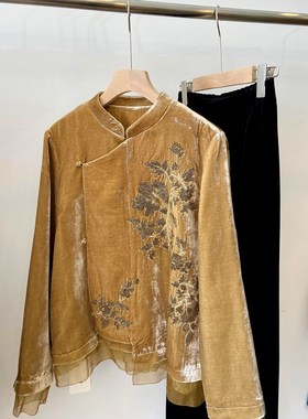 新中式风丝绒立领盘扣重工外套女2025年秋季新款气质小众黄色上衣