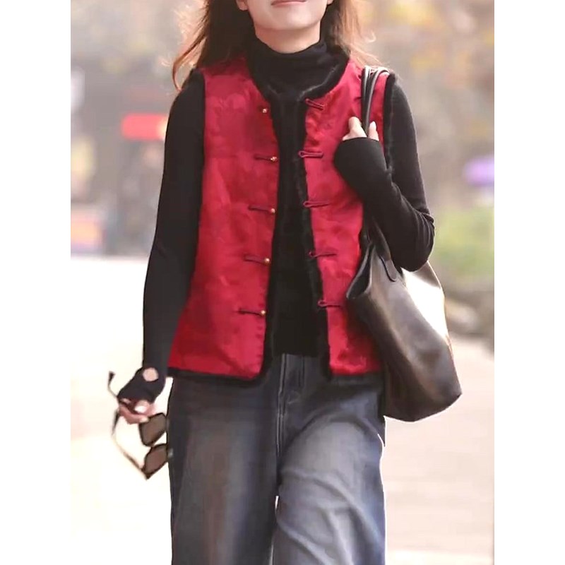 氛围感拜年服红色棉马甲外套